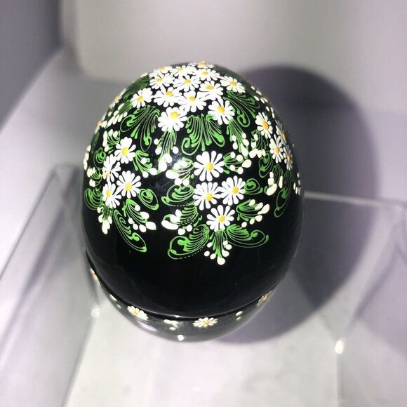 Alabaste wood egg Thailand hand painted Trinket Box 3.5" daisis on black - Picture 3 of 7